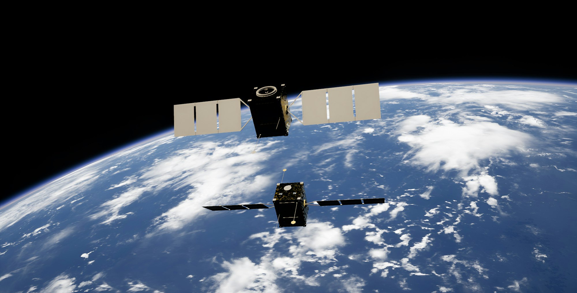 Deux satellites en orbite basse au-dessus de la Terre, panneaux solaires déployés.